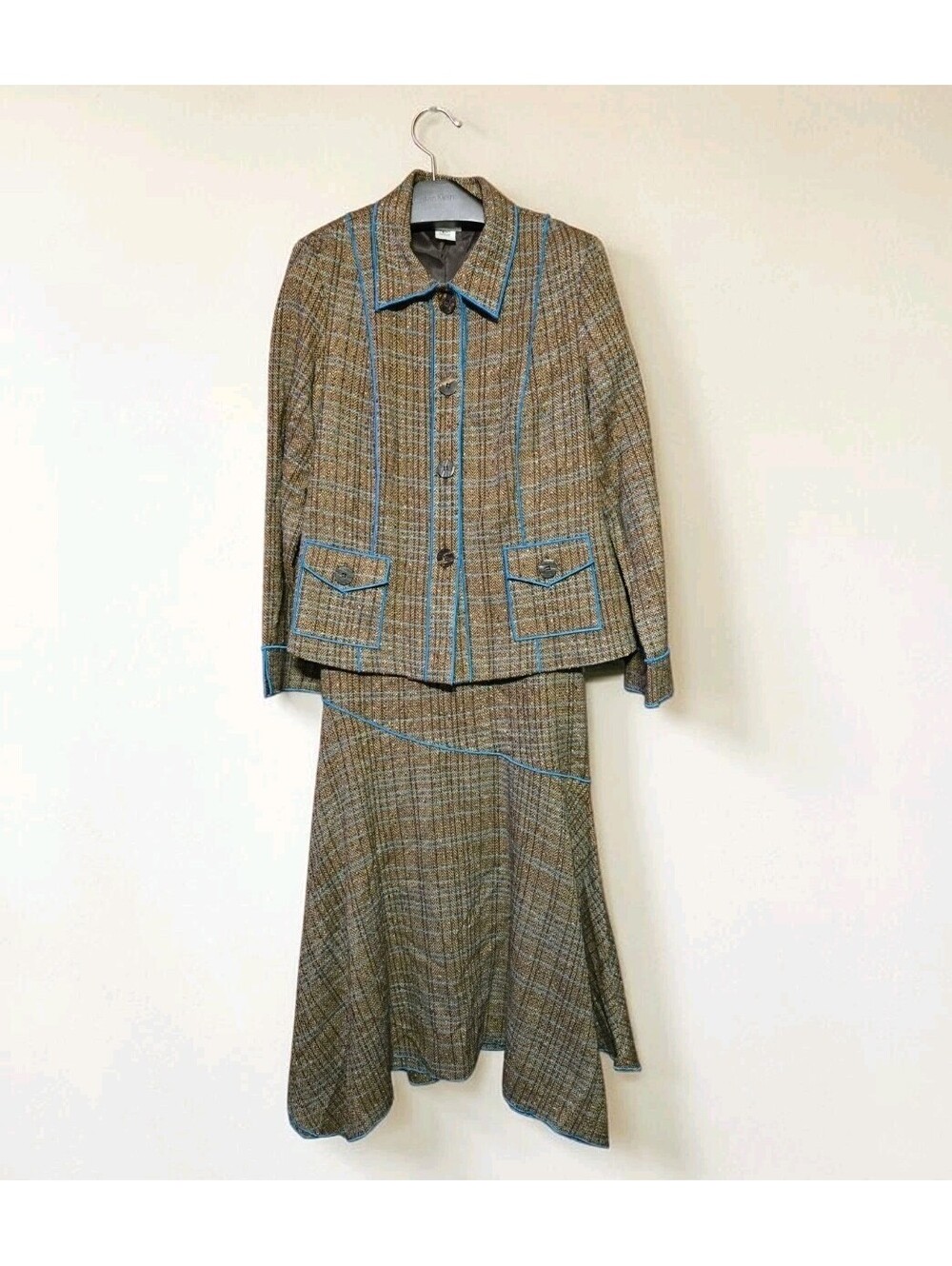 I C Collection USAby Connie Gray Tweed Skirt Suit Set Teal Piping Trim Med VTG